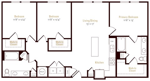 Floor plan for 3 beds, 2 baths, 1342 sqft